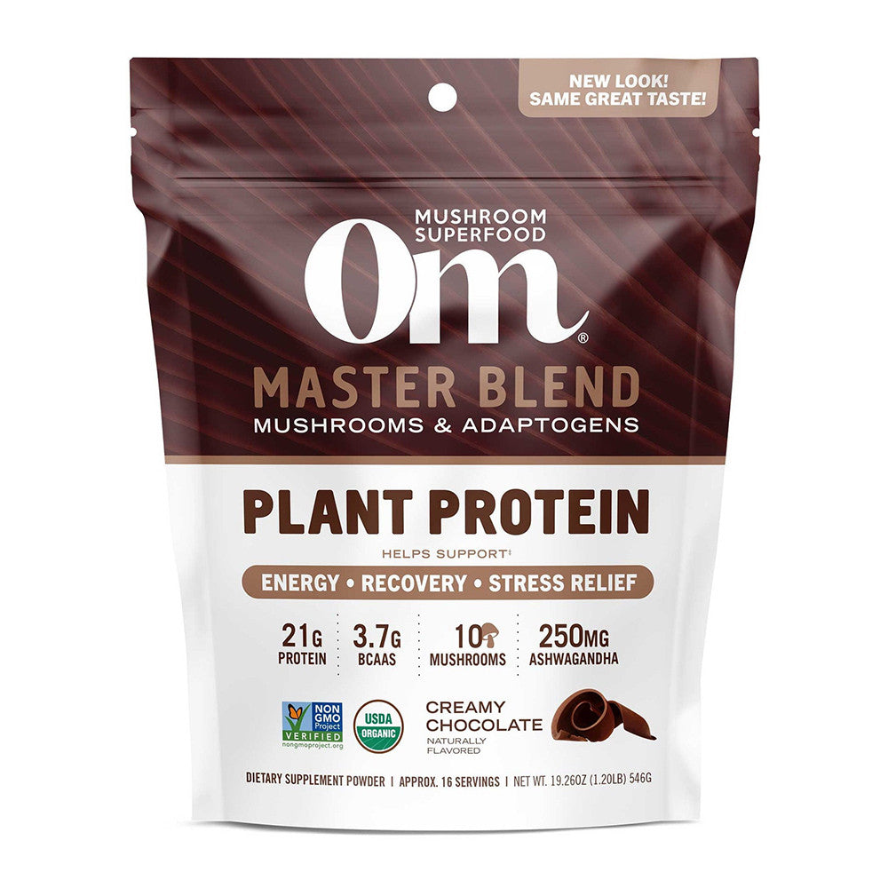 Om Mushroom Superfood Master Blend Plant Based Protein Powder, Creamy Chocolate, 19.26 Oz